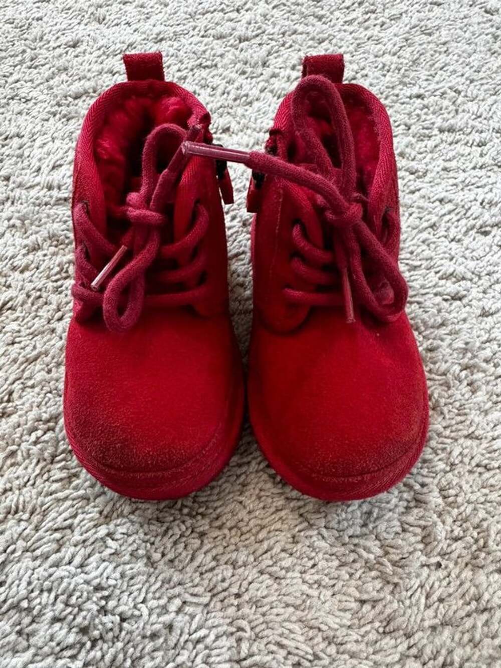 UGG Red Suede Ankle Bootie Lace-Up Side Zip Faux Fur Lined Baby US 7